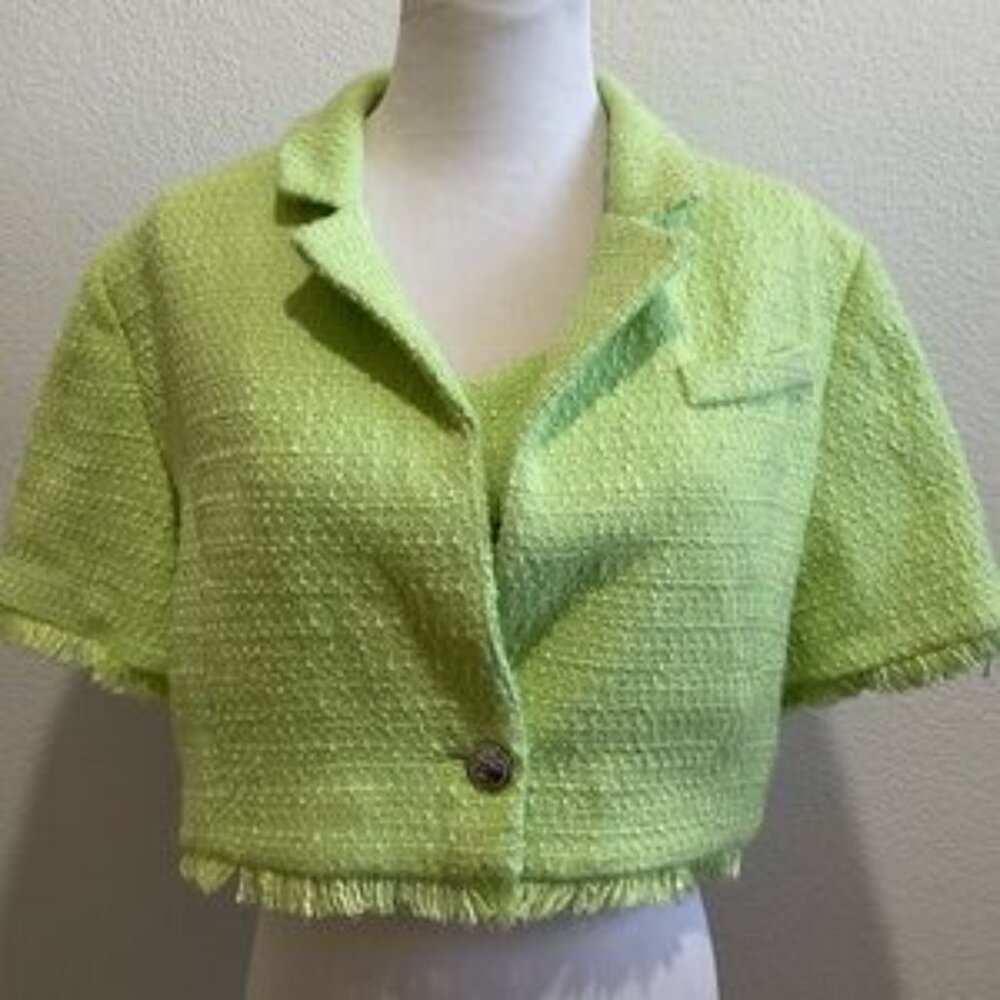 NEW! HOUSE OF HARLOW 1960 Tweed Fringe Cropped Short Sleeve Blazer Jacket Top